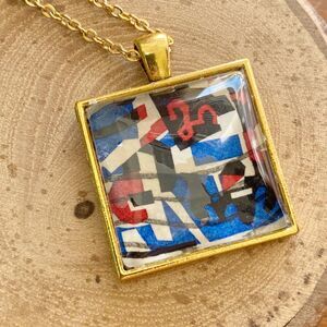 Square Red White and Blue Vintage US Postal Stamp Pendant Necklace 24" Chain